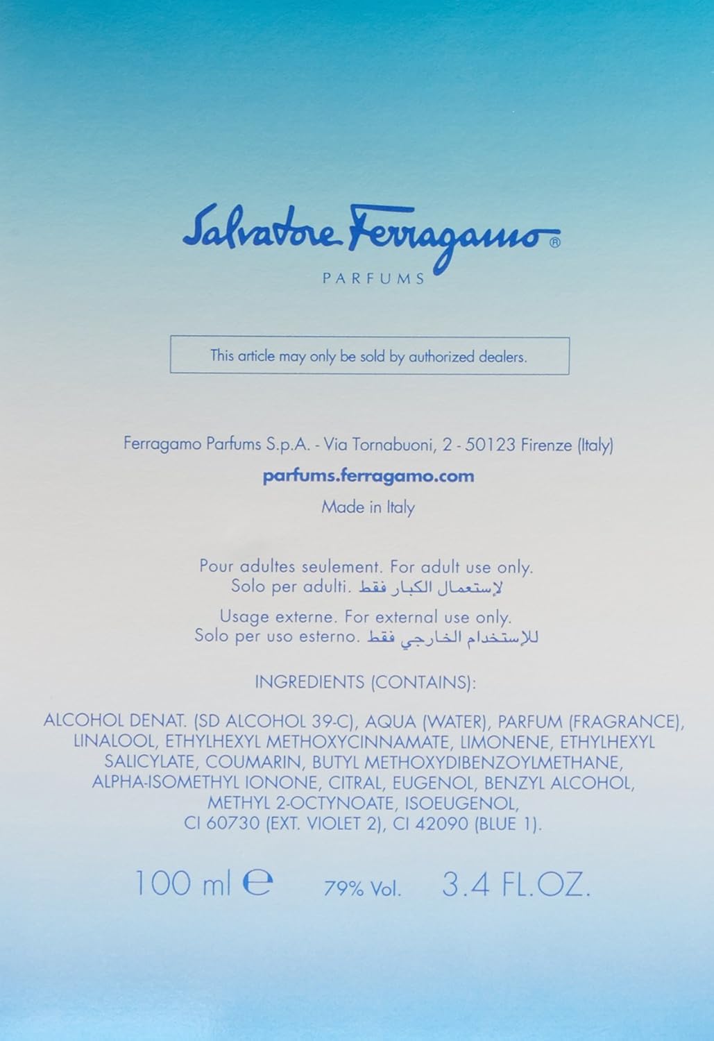 Salvatore Ferragamo Incanto Blue Cologne Eau De Toilette Spray 3.4 Ounce
