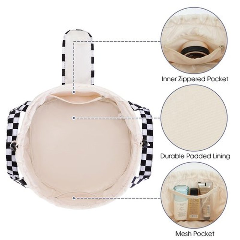 Barrel Drawstring Checkered Makeup Bag Large Cosmetic Bag Make up Bags Toiletry Organizer for Women (Black Checkerboard) (Patent)