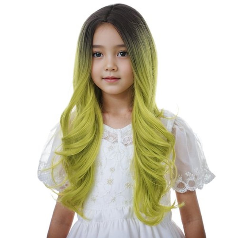 Edivd Kids Black Ombre Green Wig Girls Long Green Wavy Curly Wig Children Black to Green Middle Part Wig Heat Resistant Synthetic Wig with Wig Cap