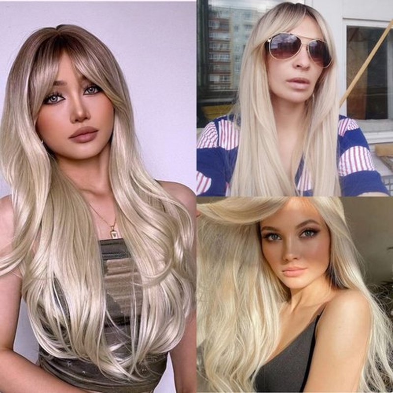 Ash Blonde Synthetic Wig With Bangs Natural Wave Fringe Unit Glueless Wig For Woman Light Brown Roots Scalp Top Full Machine Made Full Wig Platinum Blonde Heat Resistant Fibers Costume Wig Daily Use