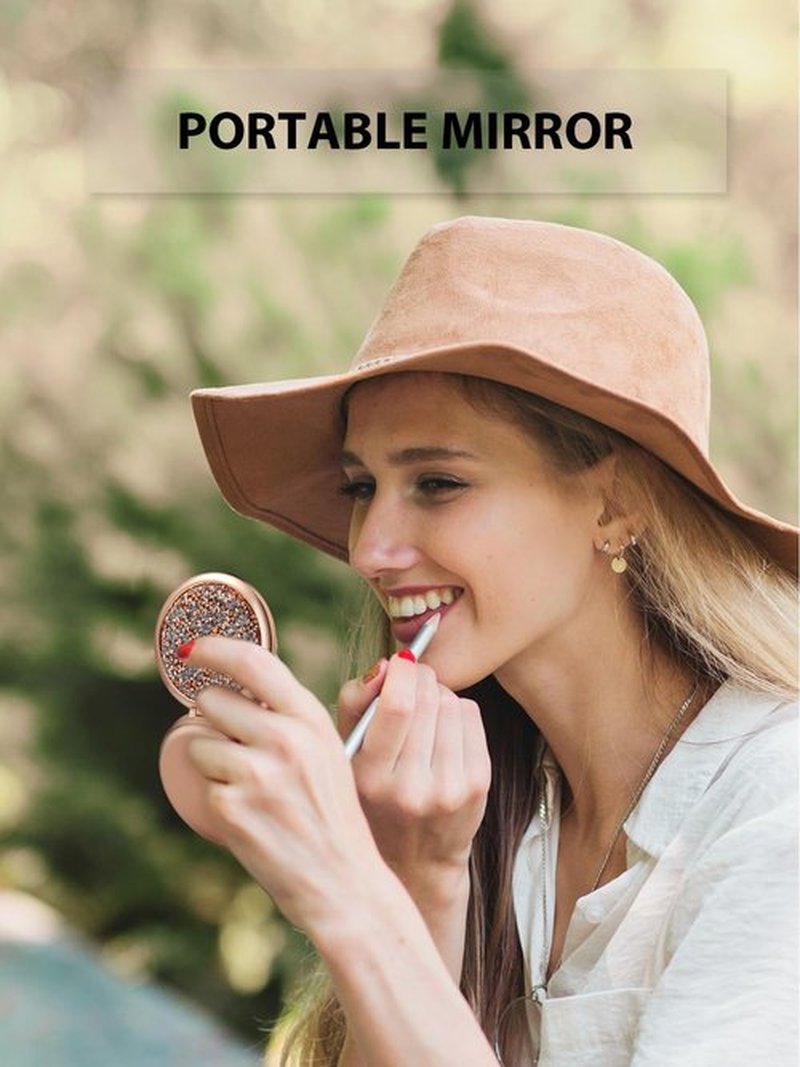 Getinbulk Compact Mirror for Purse, Double-Sided 1X/2X Magnifying Round Metal Pocket Makeup Mirrors(Rose Gold, Mix Diamond)