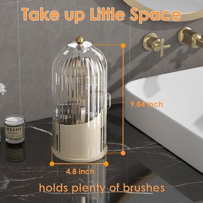 YOOLENS Makeup Brush Holder Organizer with Lid,360 Rotating Clear Dustproof Makeup Brushes Organizer for Vanity Desktop Bathroom Countertop, White Beige