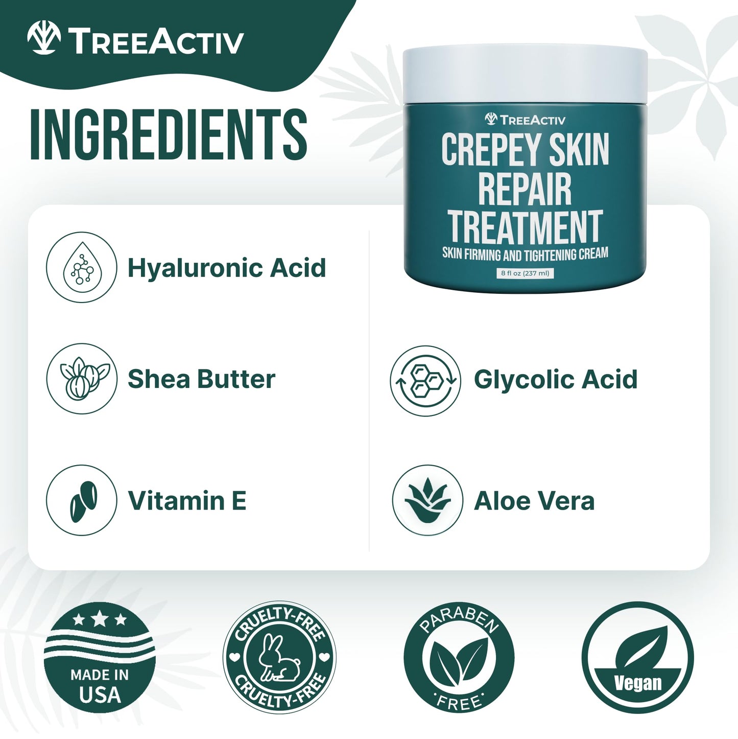 TreeActiv Crepey Skin Repair Cream, 8 oz Firming Body & Neck Cream with Hyaluronic Acid, Glycolic Acid & Shea Butter, Helps Crepey Skin Look Smoother, 500+ Uses