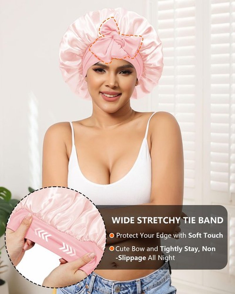 Satin Bonnet for Women Silk Bonnets for Sleeping Curly Hair Bonnet with Elastic Tie Band Reversible Double Layer Sleep Cap Hair Wrap (Pink)
