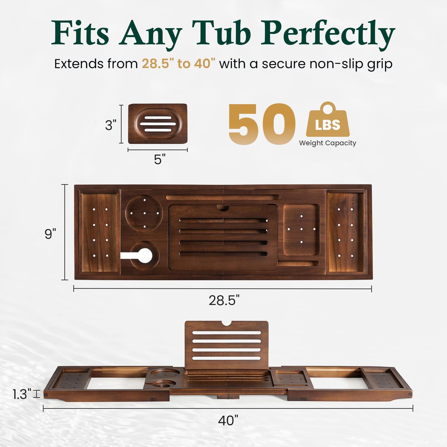 Realgulf Teak Bathtub Tray, Bath Caddy with Wine Glass Holder, Phone Dock & Book Stand | Hands-Free Reading & Ultimate Spa Relaxation Experience-Brown