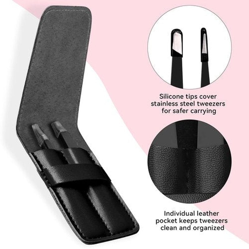 FACEMADE 2 Pack Tweezers Set - Professional Stainless Steel Tweezers for Men and Women, Precision Eyebrow Tweezers for Facial Hair, Chin, and Ingrown Hair Removal (Black)