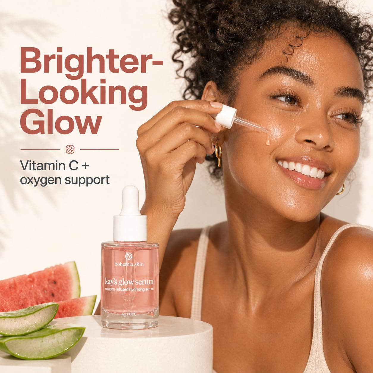 Bohemia Skin Kay’s Glow Serum – Oxygen-Infused THDA Vitamin C with Gentle AHA for Face and neck | Hydrates, Soothes and Brightens
