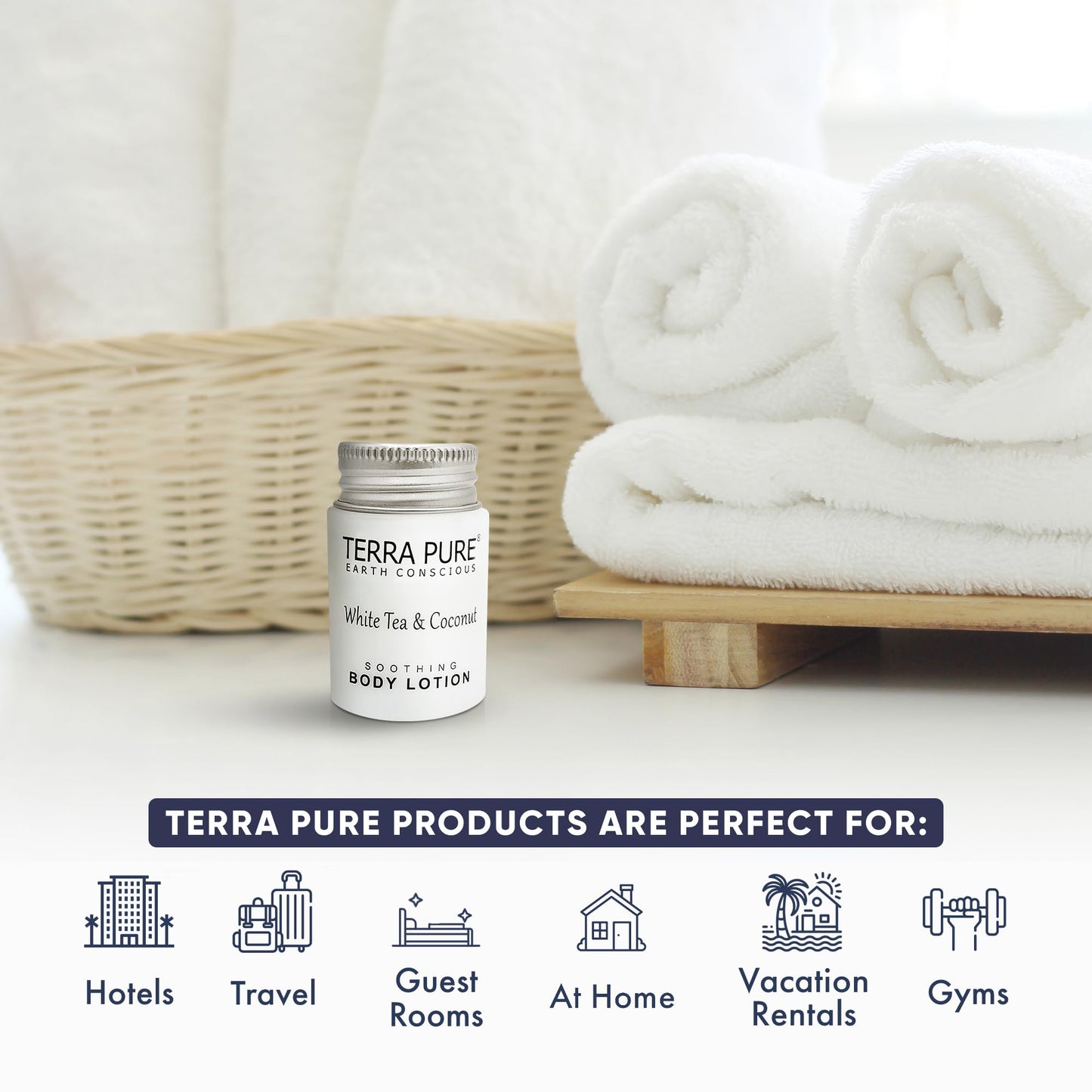 Travel Size Hotel Body Lotion 100 Count 1 oz Bottles Guest Amenities for Hotels Vacation Rentals & Short Term Rentals Paraben Free White Tea & Coconut Scent Infused with Aloe & Olive Oil by Terra Pure
