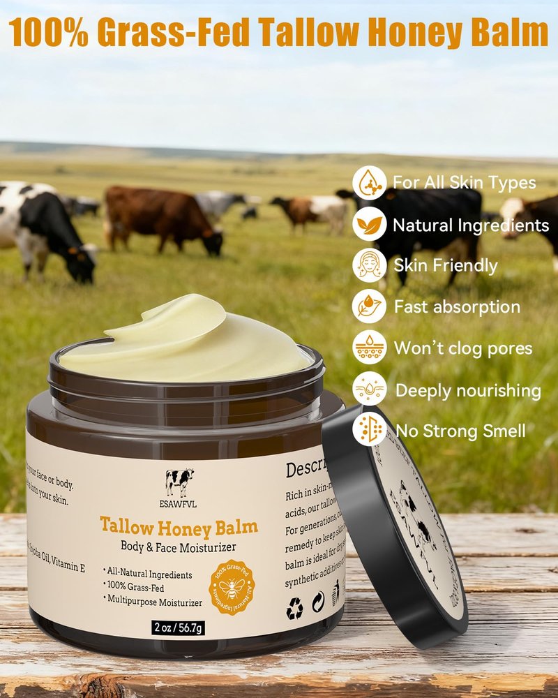 Beef Tallow Skin Moisturizer | Whipped Tallow & Honey Balm for Body & Face - 2oz, Natural Grass-Fed Formula