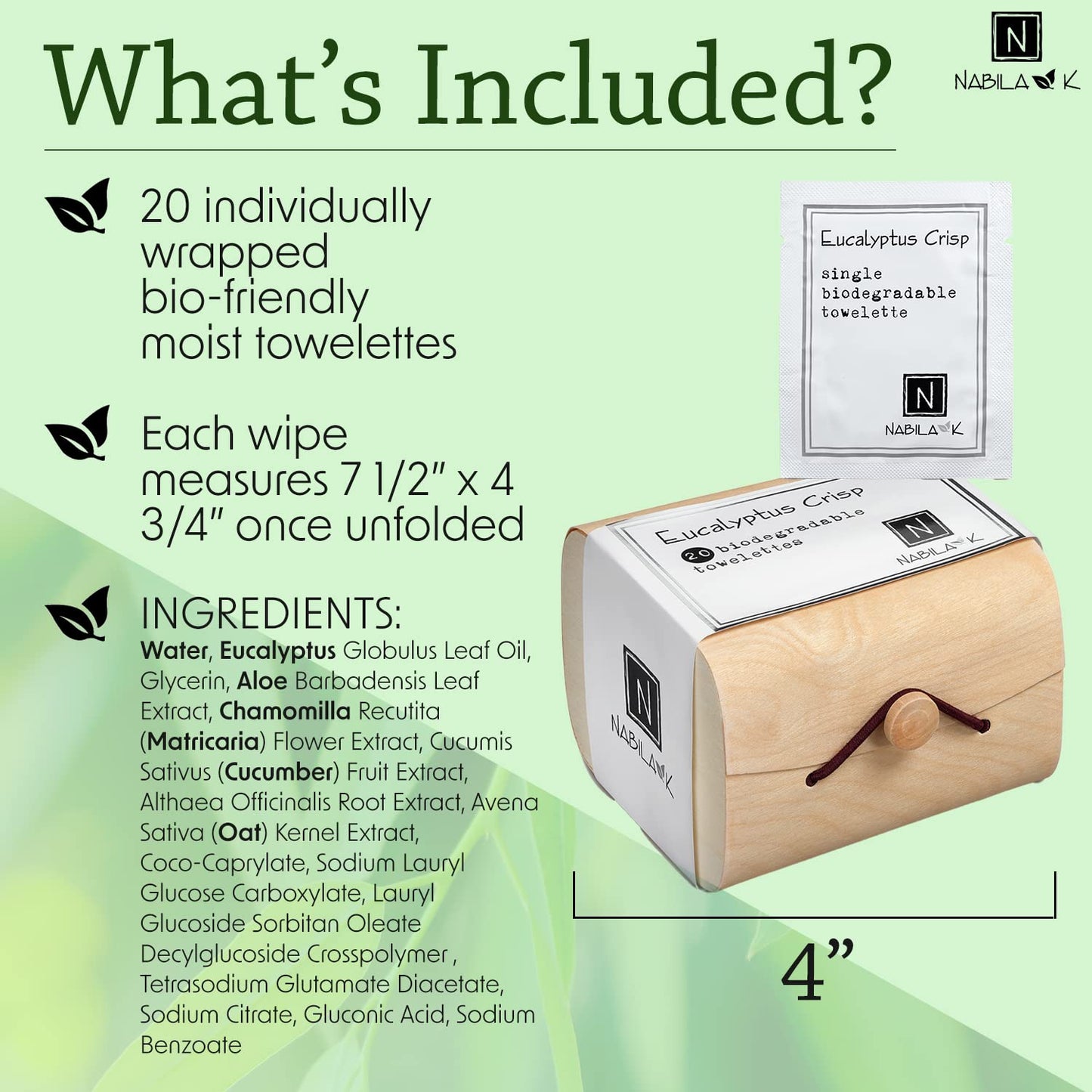 Nabila K Lavender, Eucalyptus & Lemon Moist Towelettes Variety Pack - 20 Individually Wrapped Single-Use Wipes with Bamboo Gift Case - Alcohol-Free, Plant-Based - Travel, Guest Bathroom, Spa, Events
