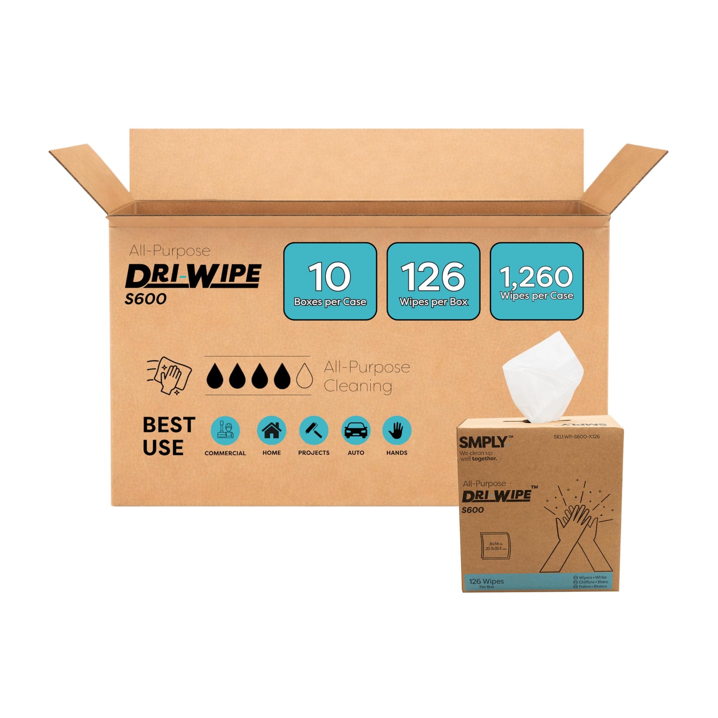 Dri-Wipe S600 by SMPLY Brands – All-Purpose Disposable Wipes, 10 Boxes of 126 (1,260 Total), Strong Alternative to Shop Towels & Paper Towels, 8" x 14" Center-Pull Sheets