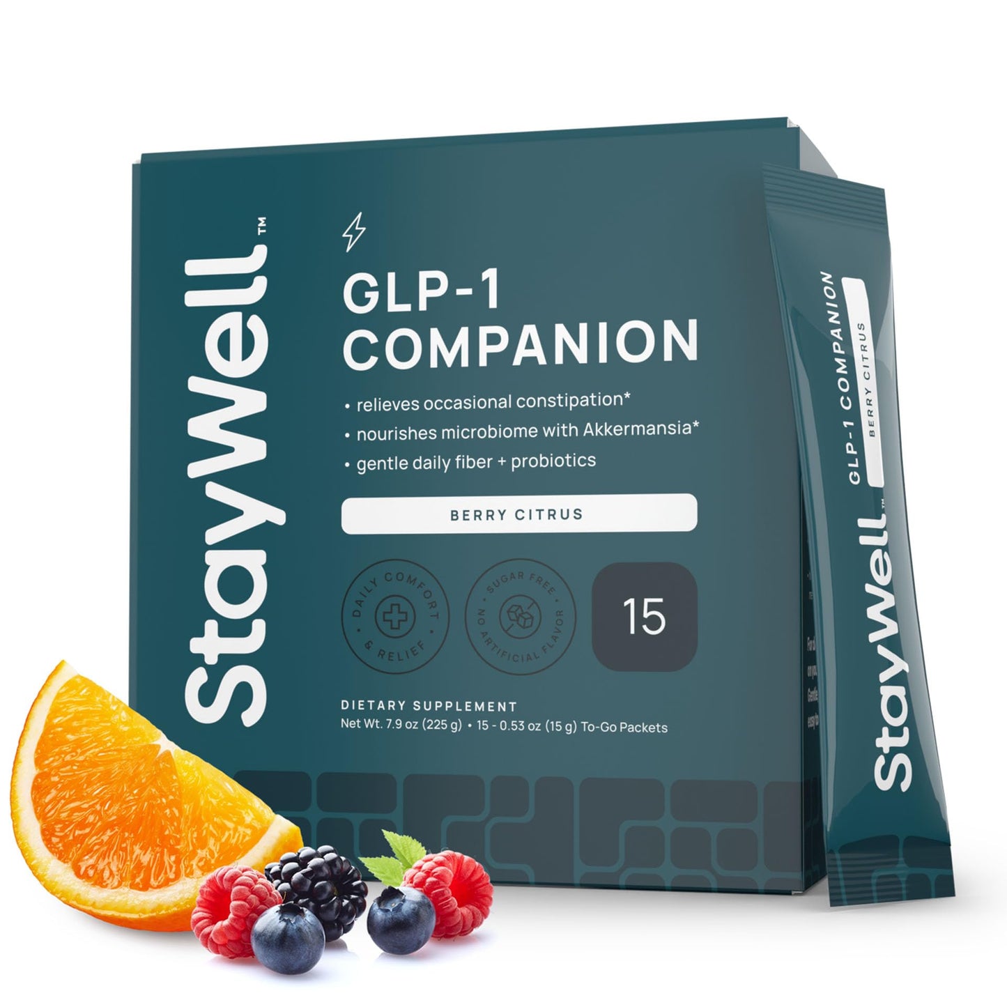 StayWell GLP-1 Support Companion | Daily Fiber, Probiotics & Botanical Supplement | Digestive Wellness Drink Mix | Raspberry Lemonade | 15 Stick Packs
