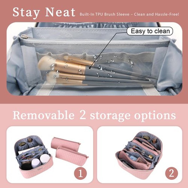 Travel Makeup Bags Cosmetic Organizer Bag: Large Capacity Make up Bag Set of 3 - Vegan Leather Woven Toiletry Bag for Women - Portable Makeup Organizer with Compartments & Handle & Divider Pink