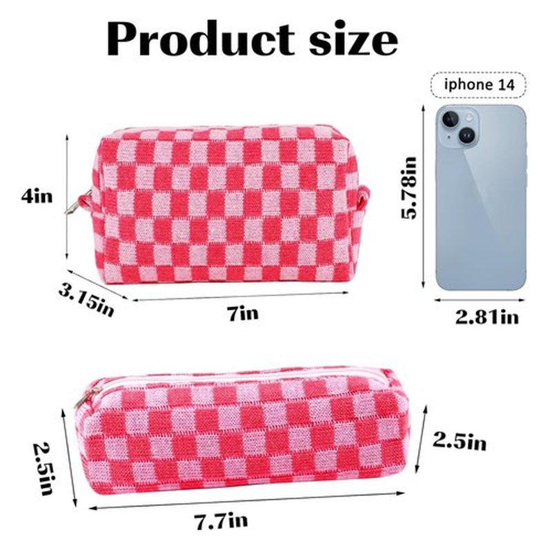 ZLFSRQ 2Pcs Checkered Makeup Bag for Women Cute Cosmetic Pouch Travel Small Cosmetic Bag Set Cute Makeup Pouch Purse Portable Skincare Zippered Toiletry Bag Organizer Preppy Trendy Storage Bag(Pink)