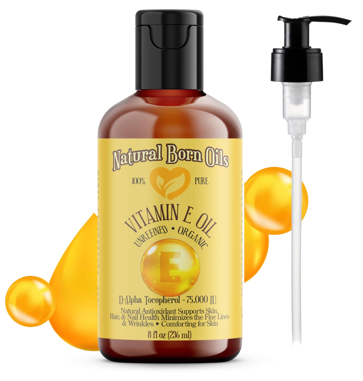 Natural Born Oils Natural Vitamin E Oil, 8oz, Organic, Cold-Pressed, Rich in Alpha-Tocopherol, Ideal for Moisturizing Skin, Strengthening Hair
