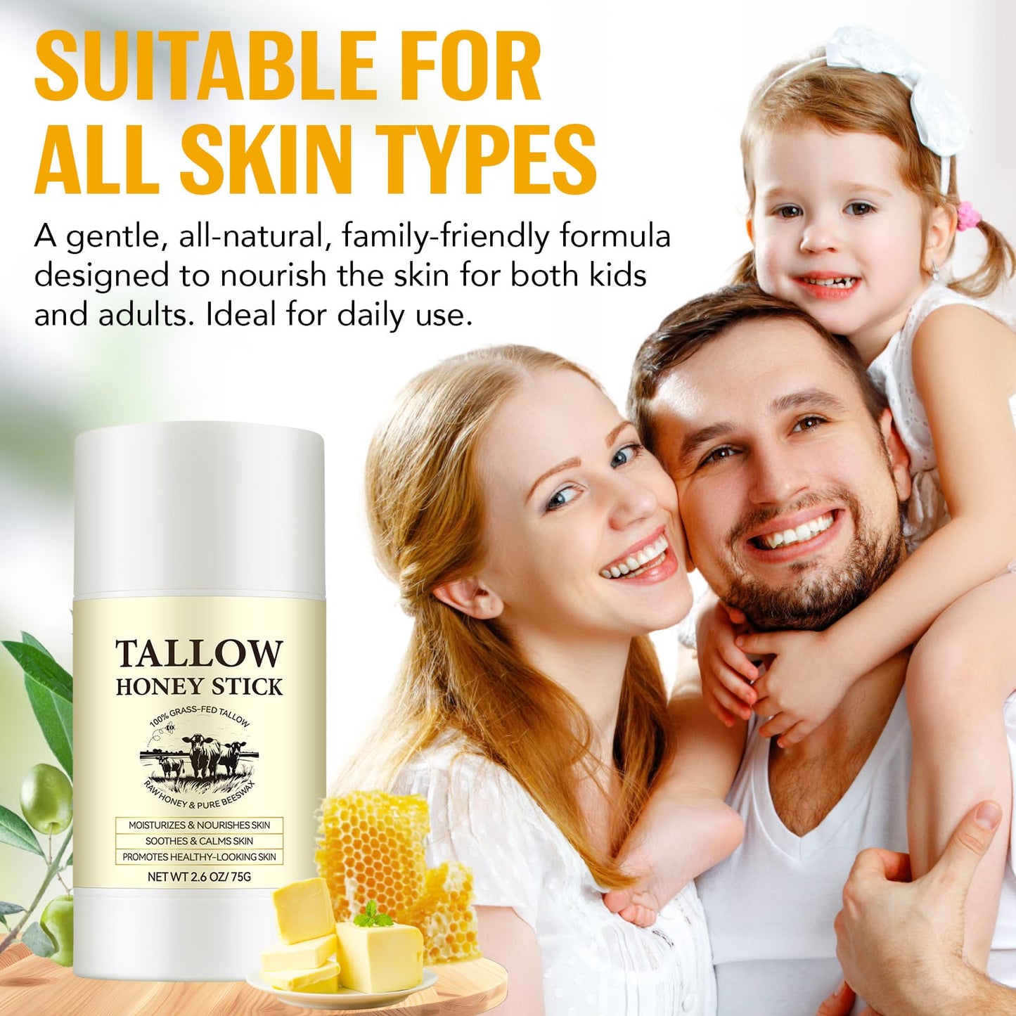 Honey Tallow Balm - 100% Grass-fed Tallow | Beef Tallow Face Cream Rich in Natural vitamins A, D, E, K, Omega Fatty Acids | Tallow Honey Balm with Shea Butter&Olive Oil | Beef Tallow Face Cream - 75G