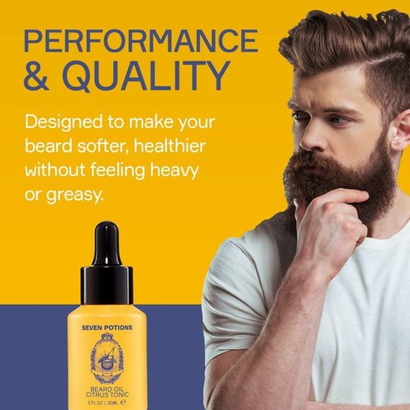 SEVEN POTIONS Beard Oil 1 fl oz Gentle Beard Softener. Stops Beard Itch. 100% Natural, Beard Conditioning Oil With Citrus Scent & Jojoba Oil (Citrus Tonic)