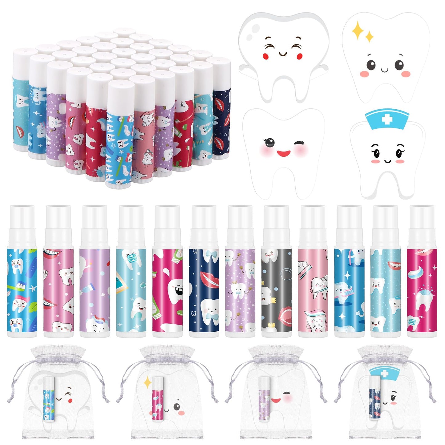 Heigble 36 Set Dental Gift Teeth Lip Balm Tooth Shape Card Organza Bag Dental Assistant Accessories Dentist Hygienist Appreciation Stuff for Women Doctor Nurse CNA Week Graduation Birthday Party Favor