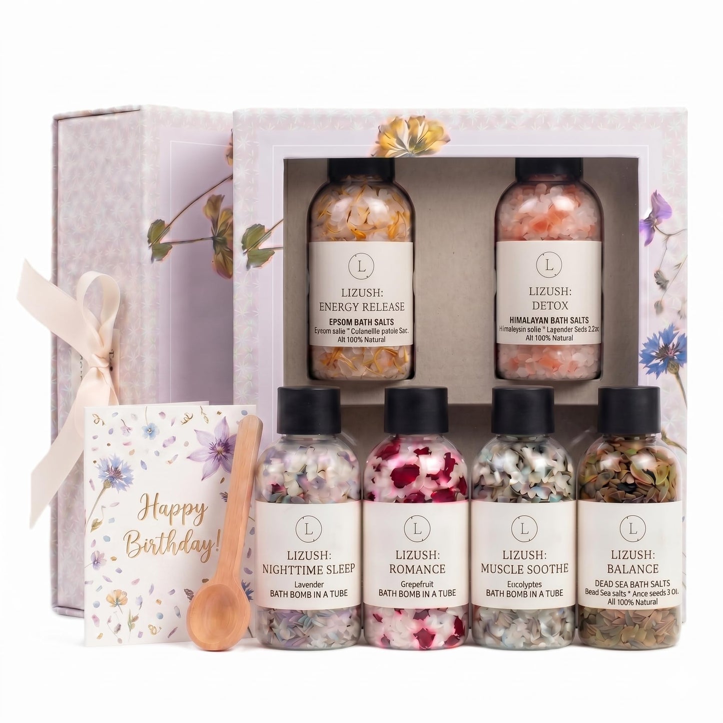 Epsom Bath Salts Gift Basket Set, Self Care Salt with Essential Oil, Gifts for Women, Her, Mother, Lavender, Eucalyptus, Grapefruit - Happy Birthday - Handmade in the USA