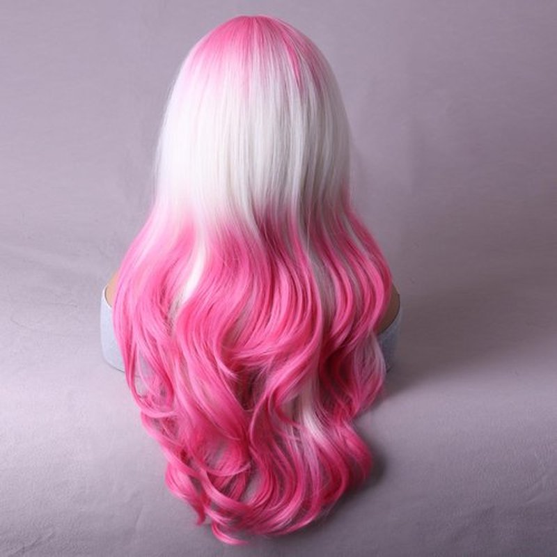 RightOn Hot Pink Wig Long Wavy Wig Ombre Hot Pink Wig with Bangs Pink Wigs with Wig Cap