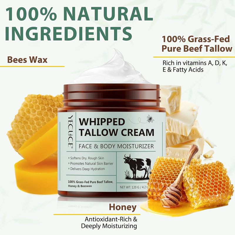 Beef Tallow Skin Moisturizer - All-Natural Hydrating Balm with Honey & Beeswax | 4.2 Oz