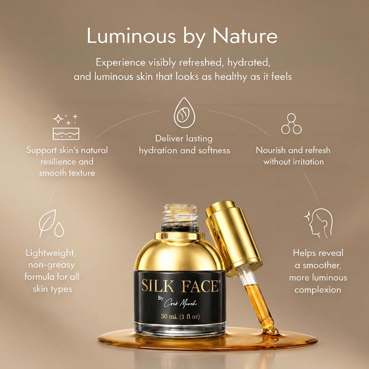 SILK FACE Elixir Serum by Coco March – Anti-Aging, Hydrating & Brightening Facial Moisturizer for Fine Line Reduction, Firming & Illuminating Skin Care with Peptides and Amino Acids, 30ml (1 Fl Oz)