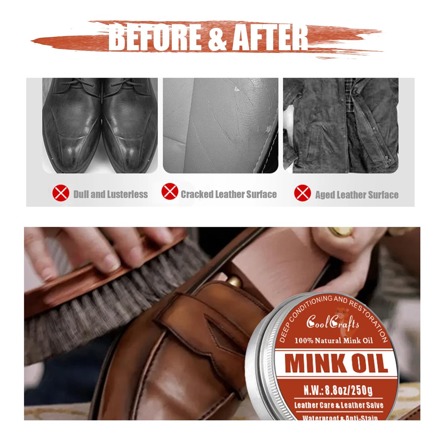 CoolCrafts Mink Oil for Leather Boots 8.8 OZ Boot Oil Leather Conditioner Cleaner for Shoes, Couch, Jacket