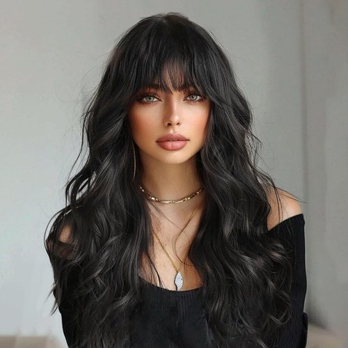 BESSY HAIR Long Black Wig With Bangs Curly Wavy Wigs for Women Natural Looking Synthetic Wig Daily Party Cosplay Use