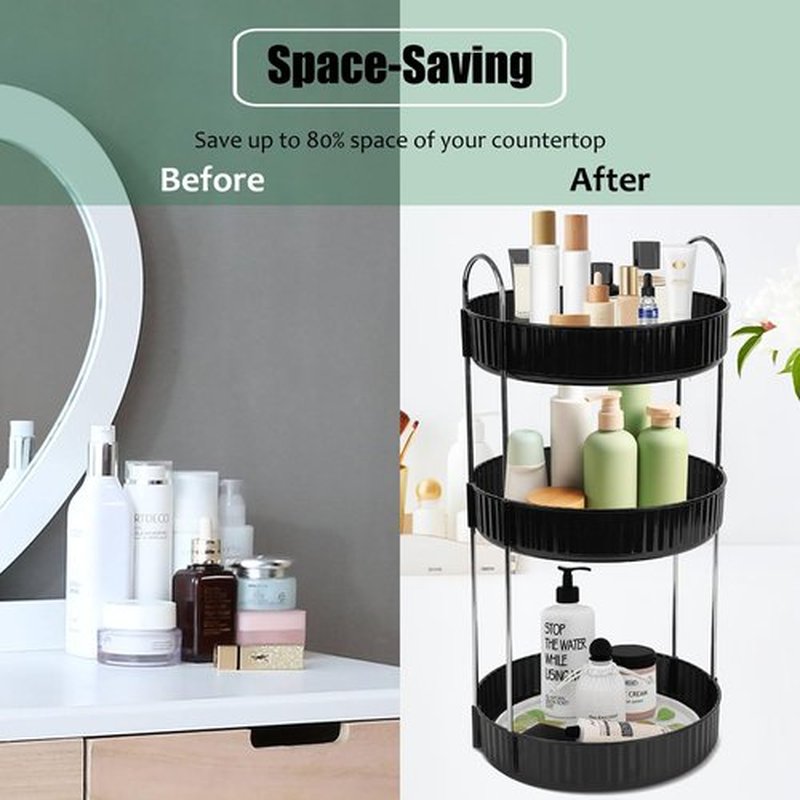 Zufudo Rotating Makeup Organizer 3 Tier Lazy Susan Trays Skincare Perfume Organizer for Bathroom Counter Vanity, Black