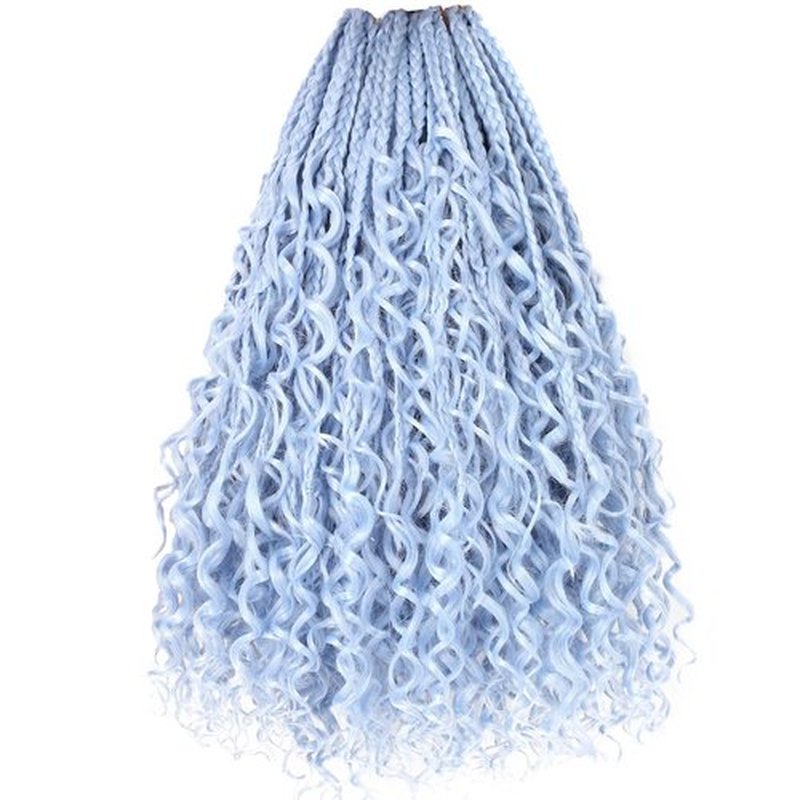 Beverlee 14 Inch Boho Box Braids 8 Packs Goddess Box Braids Crochet Hair Bohemian Hippie Braids Braiding Hair Box Braids with Curly Ends Messy Pre-looped Synthetic Crochet Hair for Women Light Blue#
