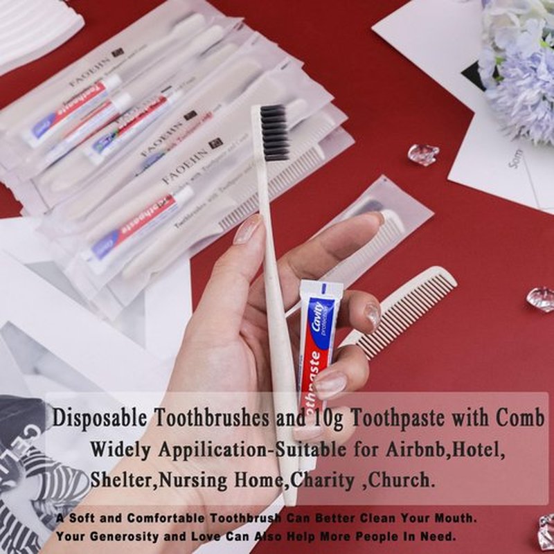 FAOEHN 10 Pack Apricot Disposable Toothbrushes with Toothpaste and Comb Set,10g Toothpaste,7inch Hair Comb,Individually Wrapped Disposable Travel Size Toothbrushes in Bulk for Homeless,Airbnb,Hotel