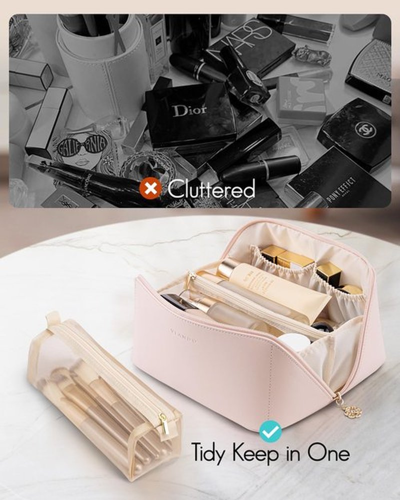Vlando Makeup Travel Bag, PU Leather Portable Make up Organizer Bag Open Flat Toiletry Bag with Handle and Divider Gifts for Traveler Women Girls Apricot White