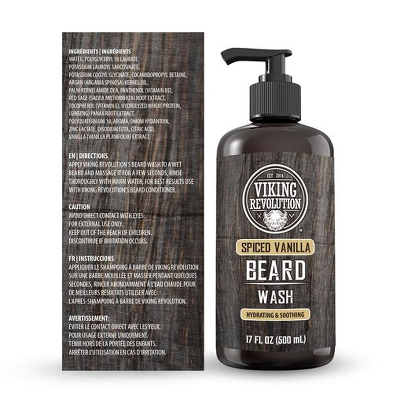 Viking Revolution Spiced Vanilla Beard Wash for Men with Argan Oil and Jojoba Oil - Beard Softener and Strengthener Beard Shampoo with Beard Oil - Beard Care to avoid Beard Dandruff and Itch (17 oz)