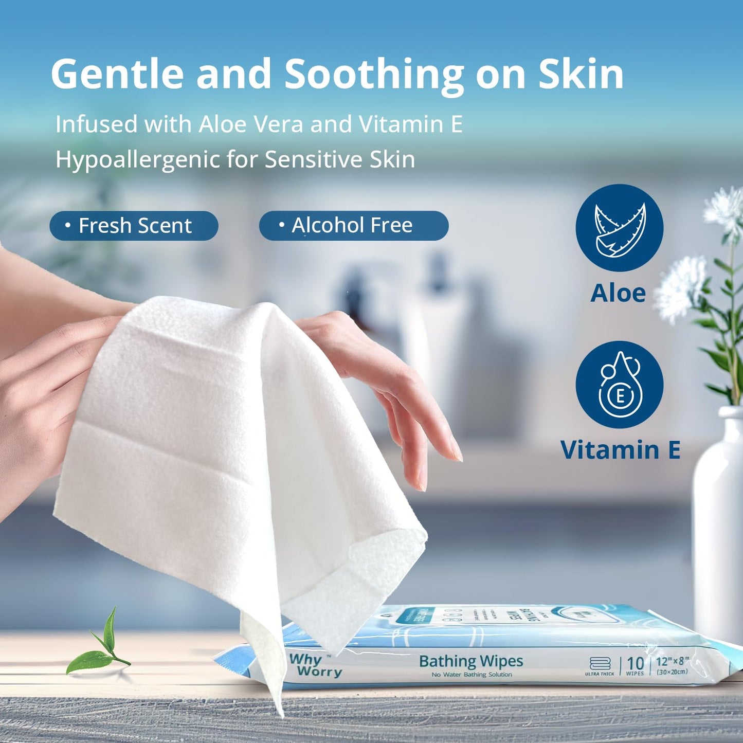 WhyWorry Bathing Wipes for Adults Rinse Free, 8"x12" Fresh Scent, 50 Count