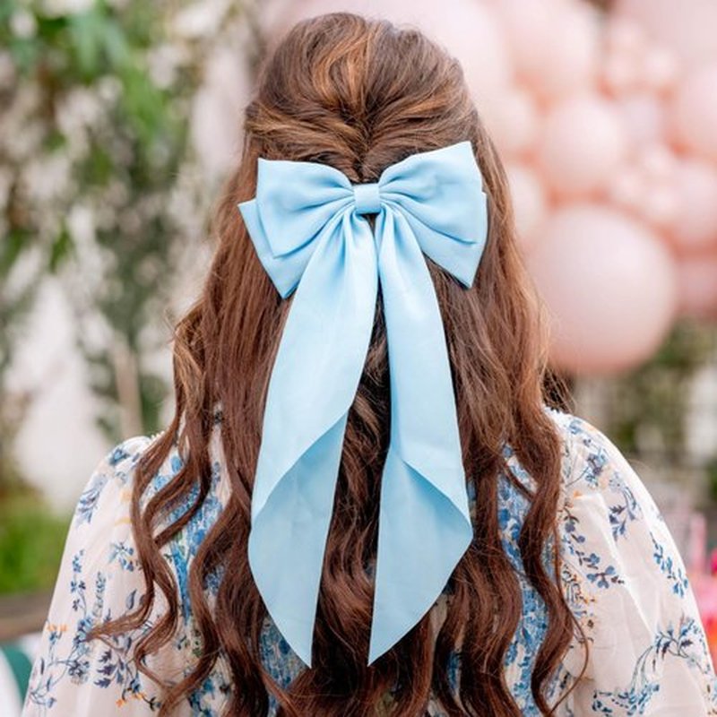 Hair Bows for Women Girls Silky Satin Big Bows Hair Barrettes Oversized Hair Accessories Long Tail Hair Ribbons -3Pcs -Sky Blue Pink Lilac