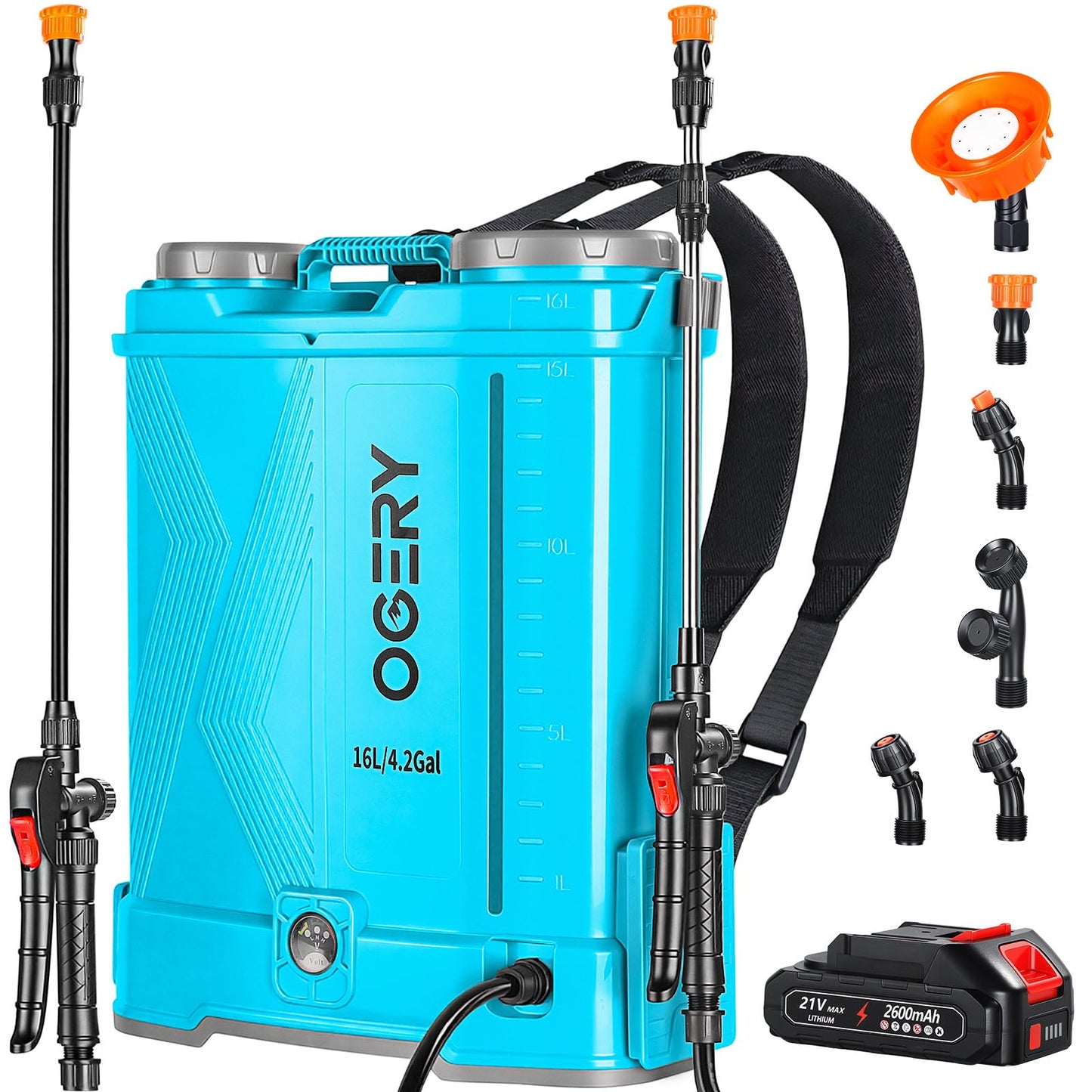 4 Gallon Battery Powered Backpack Sprayer, 2.6Ah 21V with 6 Nozzles, Telescopic Stainless Steel + Plastic Wand for Lawn Garden Weed Yard Cleaning (Charger Included)