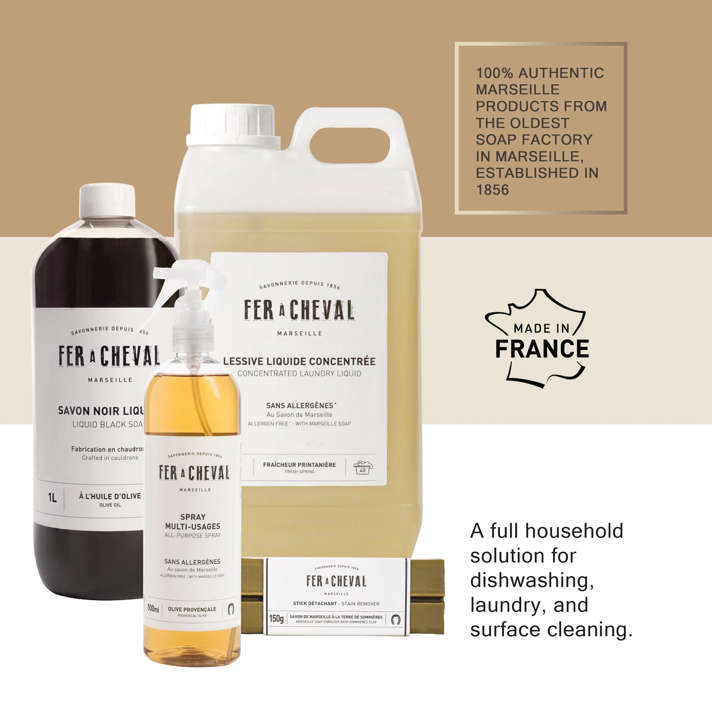 Fer à Cheval Bundles - Liquid Black Soap, Concentrated Laundry Liquid 2L/67.6oz, All-Purpose Spray Cleaner 500ml/16.9 fl oz, Stain Remover Stick with Sommières Clay