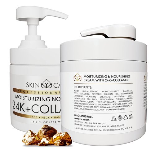 Skin Care 24K Gold & Collagen 3-in-1 Moisturizer Face Cream, Neck and Hands - Treatment for Crepey Skin, Wrinkles and Sagging - Daily Lotion for All Skin Types - 16.9 fl. oz.