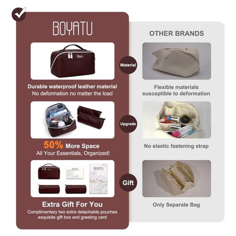 BOYATU Makeup Bag Travel Cosmetic Case: Large Capacity Woven Cosmetic Bag Organizer - Portable Toiletry Bags with Handle for Women 1-Z-wine red