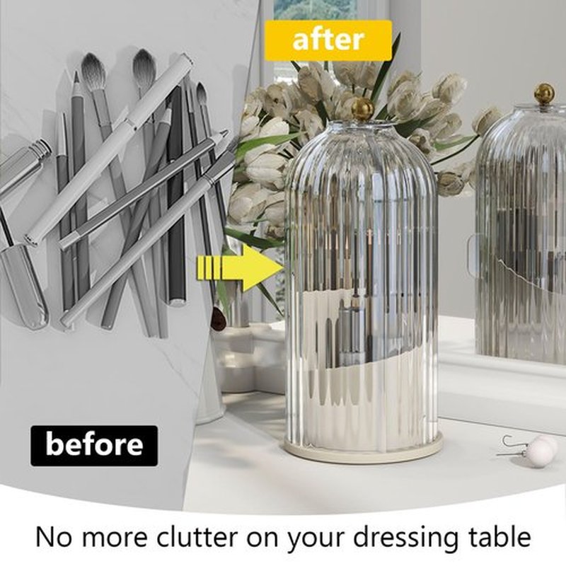 Emljkvp Makeup Brush Holder with Dustproof Cover 360 Rotating Makeup Brush Organizer for Vanity Bathroom, White/Beige