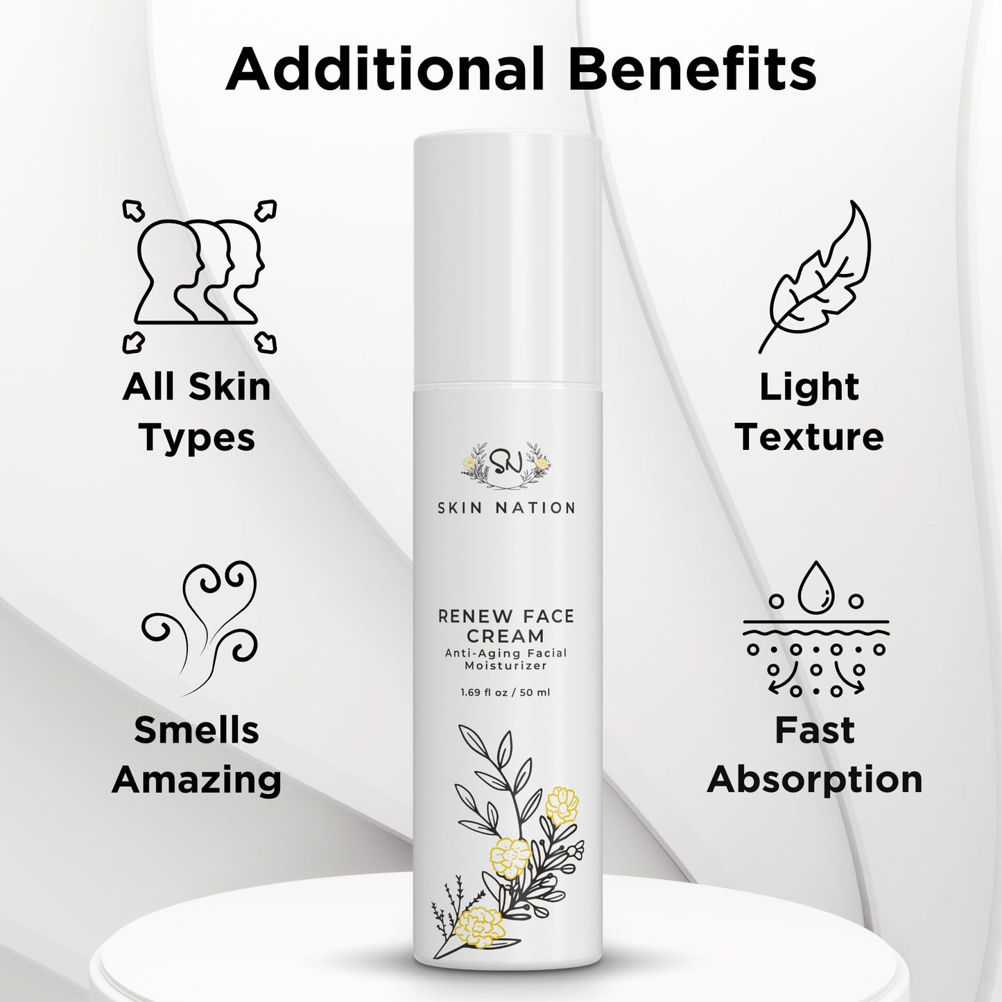 Skin Nation Renew Face Cream, Hydrating Moisturizer with Peptides, Hyaluronic Acid & Green Tea, Lightweight Plant-Based Cream for Smooth, Radiant Skin, 1.69 fl oz