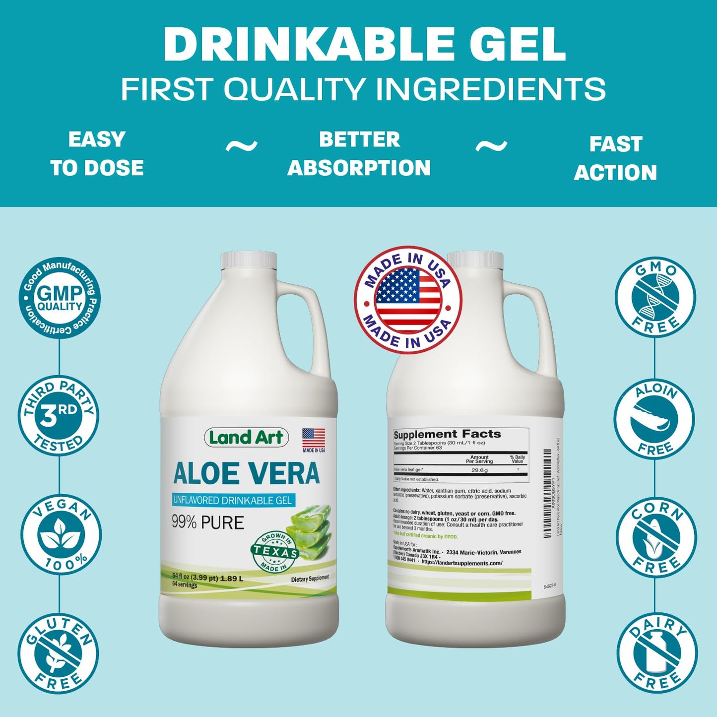 Organic Aloe Vera Drinkable Gel for Heartburn & Acid Reflux Relief - 99.7% Pure - Cold-Processed - Improves Digestive Health - Soothing and Natural - Vegan & Gluten-Free - 64 fl oz (Pack of 2)