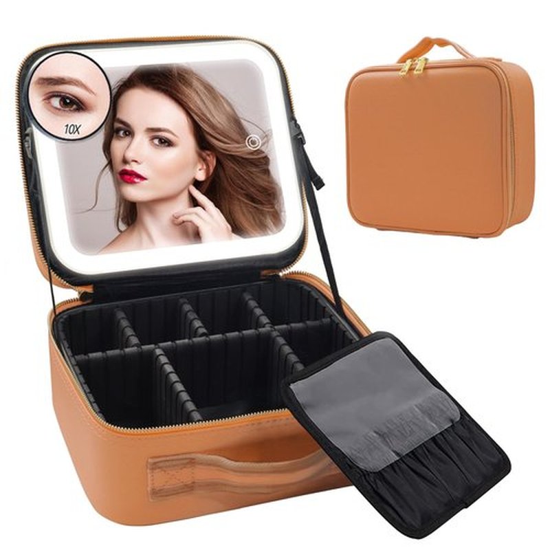 Travel Makeup Bag Cosmetic Bag Make up Organizer Bag with Large Lighted Mirror 3 Color Modes Adjustable Brightness, Waterproof PU Leather Makeup Travel Case Makeup Train Case Toiletry Gift Accessories