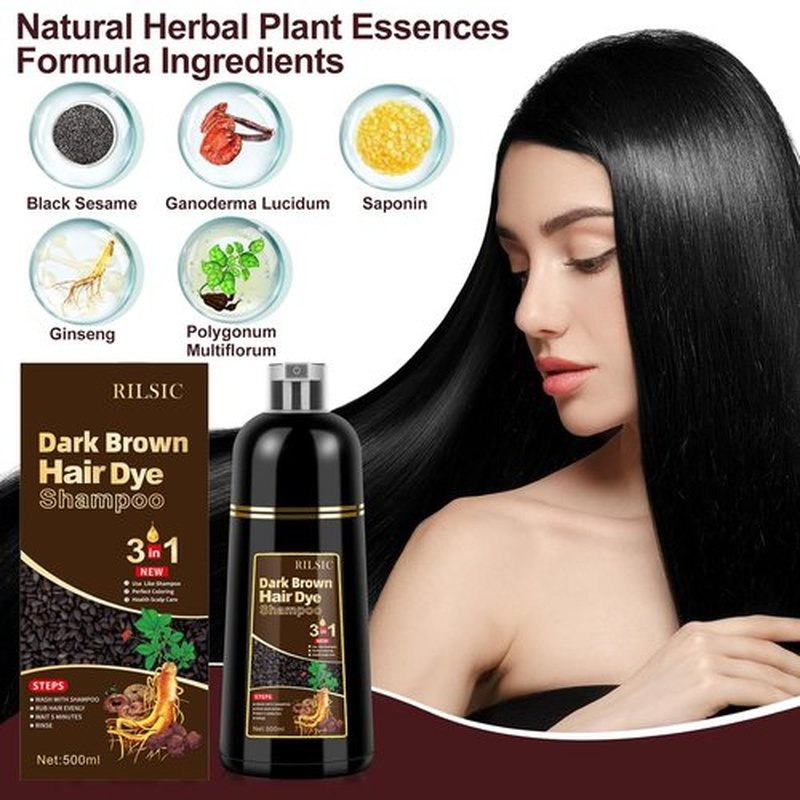 RILSIC Instant Dark Brown Hair Dye Shampoo 3 IN 1,Unisex, Natural Coloring for Grey Hair in Minutes(500ML)