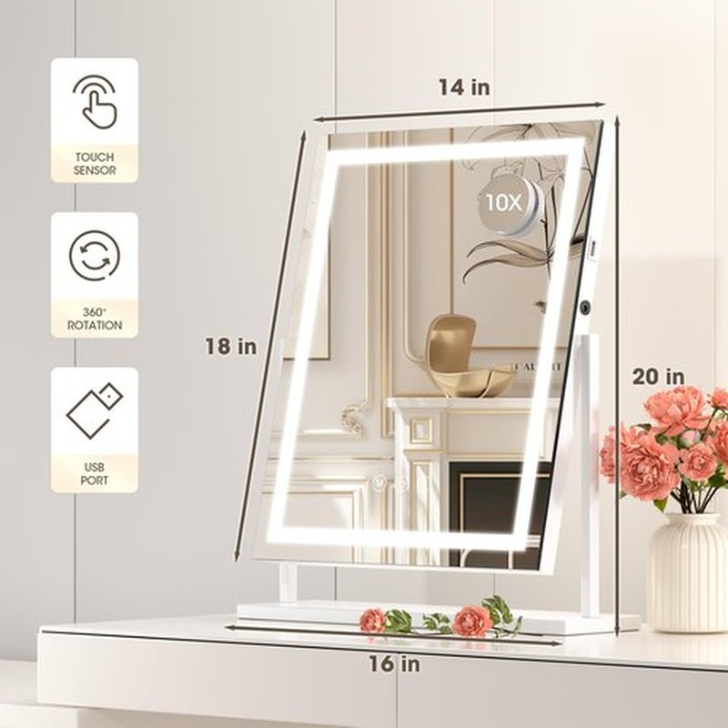 Hasipu Vanity Mirror with Lights, 14" x 18" LED Makeup Mirror, Lightup Mirror with Smart Touch 3 Color Modes and Brightness Adjustment, 10X Magnifying Glass,360° Rotation