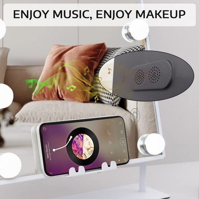 Fenair Hollywood Vanity Mirror with Lights Speaker and Wireless Charging Lighted Makeup Mirror with 12 LED Lights Upgrated Hollywood Mirror with Dimmable Lights