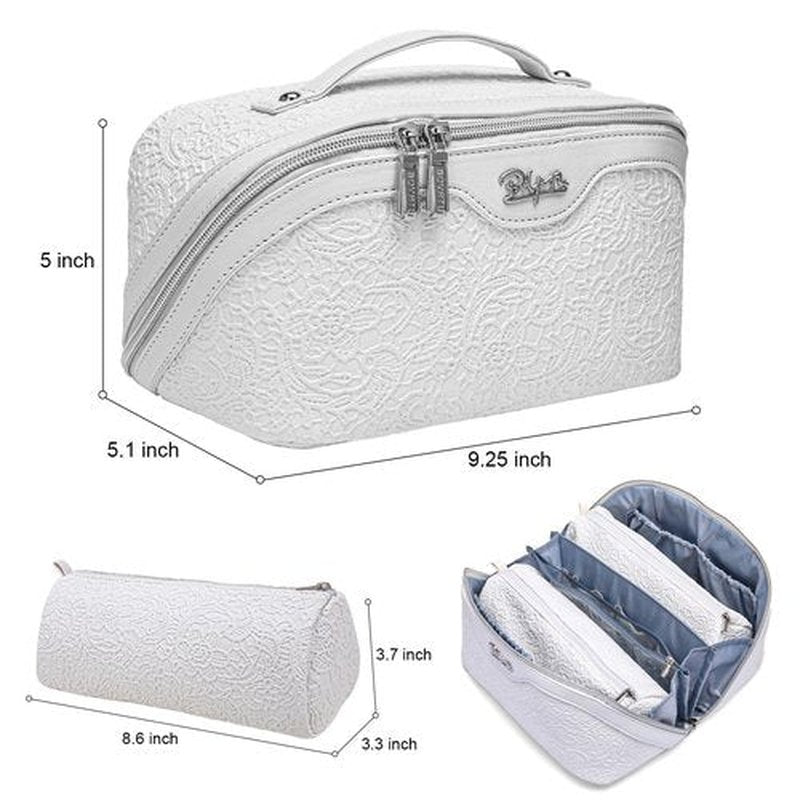 Travel Makeup Bags Cosmetic Organizer Bag: 3-Set Large Capacity Make up Bag - PU Leather Toiletry Bag for Women - Wide Open Portable Pouch with Divider & Handle (03-Z-Silver)