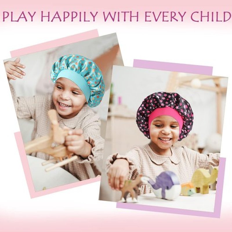 4 Pcs Silk Bonnet for Sleeping Kids Bonnets for Girls Baby Satin Sleep Cap Hair Wraps for Curly Natural Hair Elastic Wide Band, Star