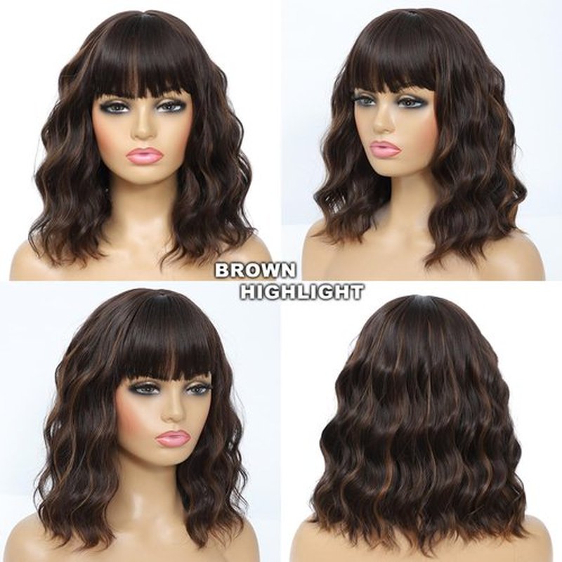Amarlis 14 Inch Brown Highlight Bob Wig with Bangs for Women, Natural Looking Heat Resistant Synthetic Bob Wigs for Daily Party Use