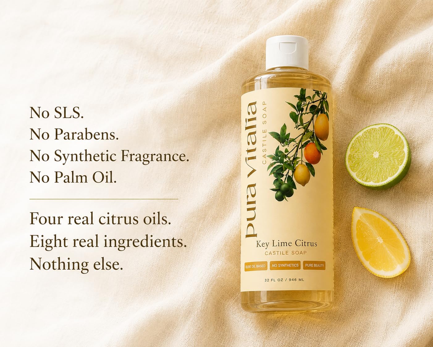 Pura Vitalia Key Lime Citrus Castile Soap Body Wash | With Organic Aloe & 4 Mediterranean Citrus Oils | No SLS, Parabens or Synthetic Fragrance | Ancient Mediterranean Formula | 32 oz